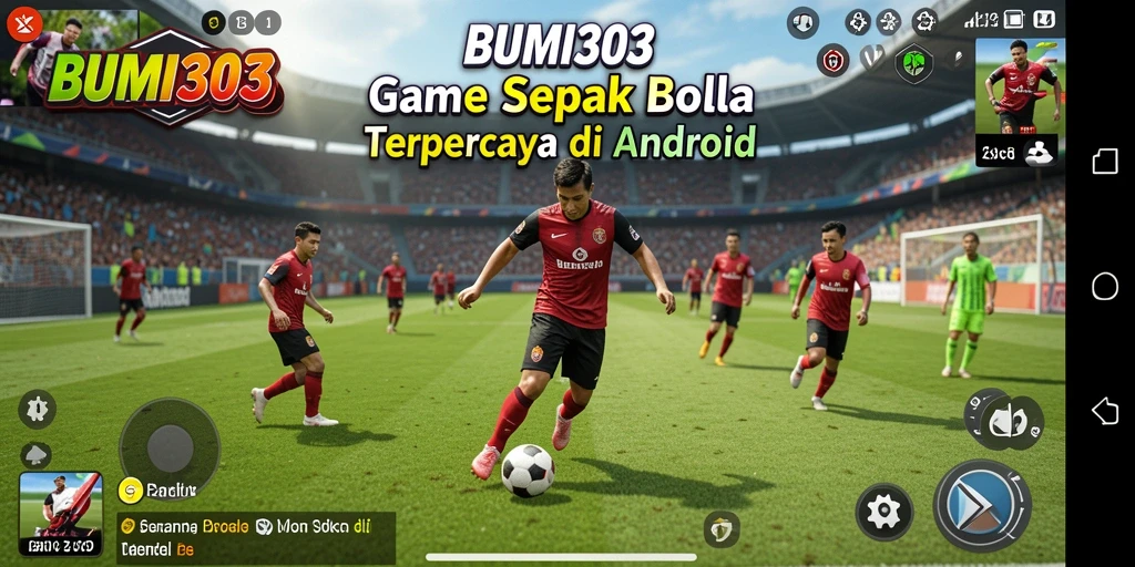 Tampilan gameplay seru BUMI303 dengan aksi pemain sepak bola.