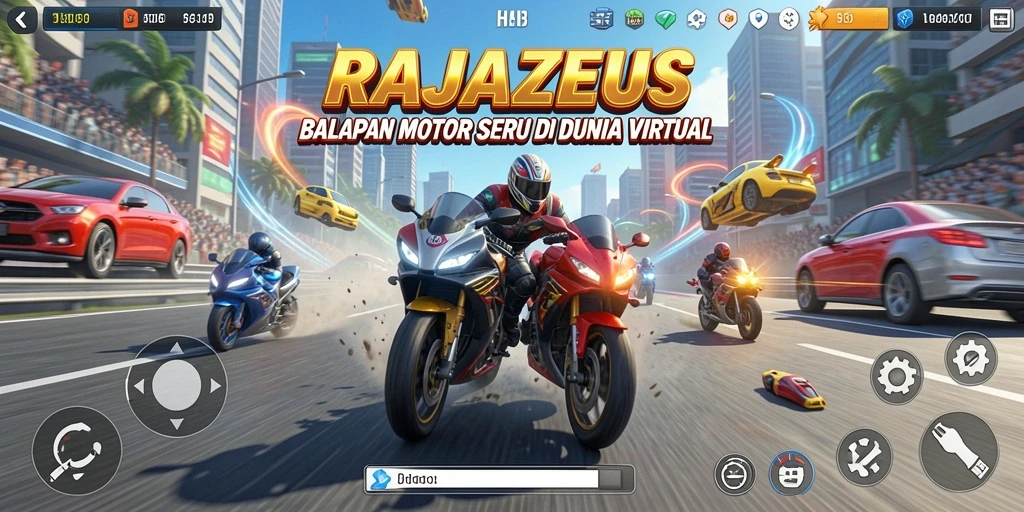 Screenshot menampilkan aksi balapan motor yang mendebarkan di RAJAZEUS.