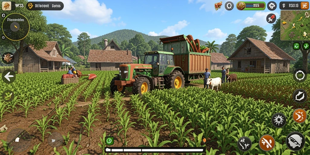 Tangkapan layar gameplay RR33 menampilkan pertanian yang indah dan aktif.