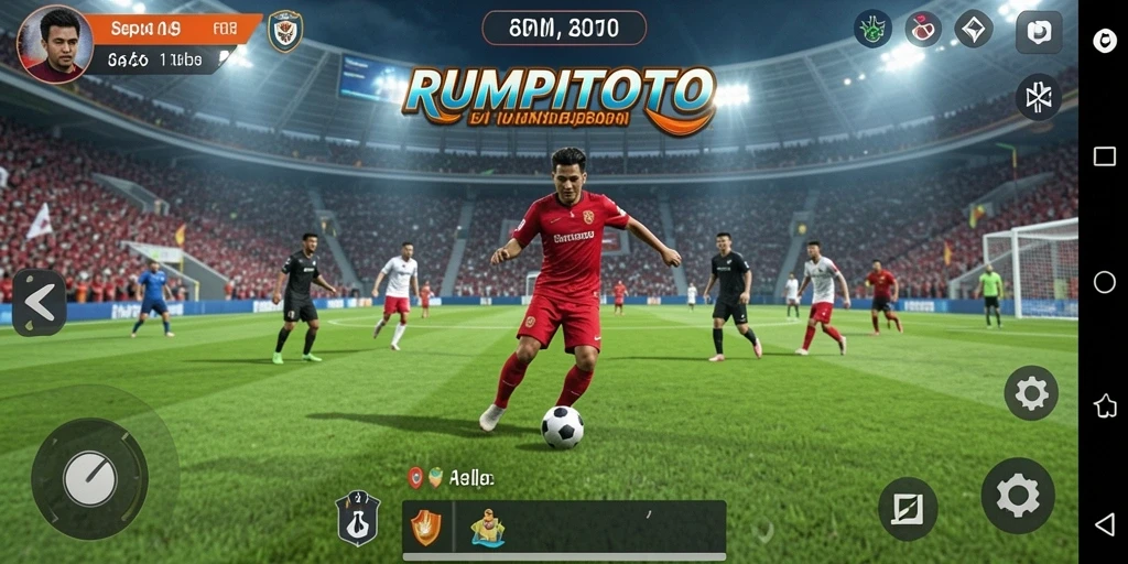 Tampilan gameplay seru RUMPITOTO saat pertandingan sepak bola berlangsung.