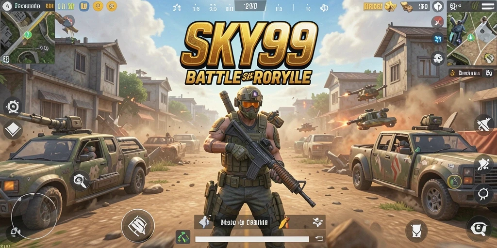 Tangkapan layar game SKY99 menunjukkan aksi pertempuran seru dalam mode Battle Royale.