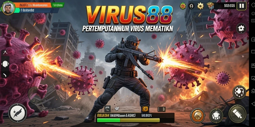 Screenshot utama VIRUS88 menunjukkan gameplay Action yang mendebarkan.
